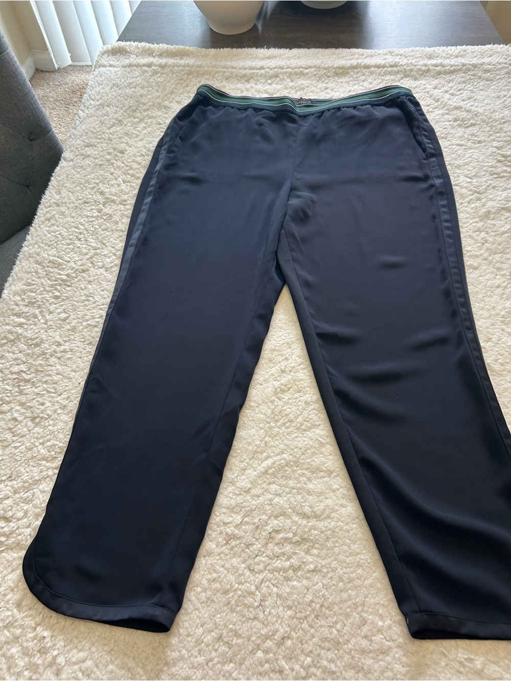 Ann Taylor Ladies Dark Navy Pants With Tuxedo Stripe with Green Waist Trim